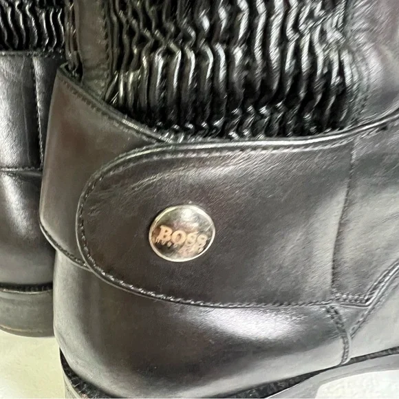Hugo Boss Dress Knee High Black Leather Stretchy Calf Zip Boots 38 Almond Toe 8 - Picture 5 of 15